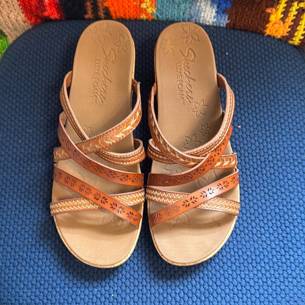 Skechers, leather , wedge sandals. Size 9.5, great used condition.